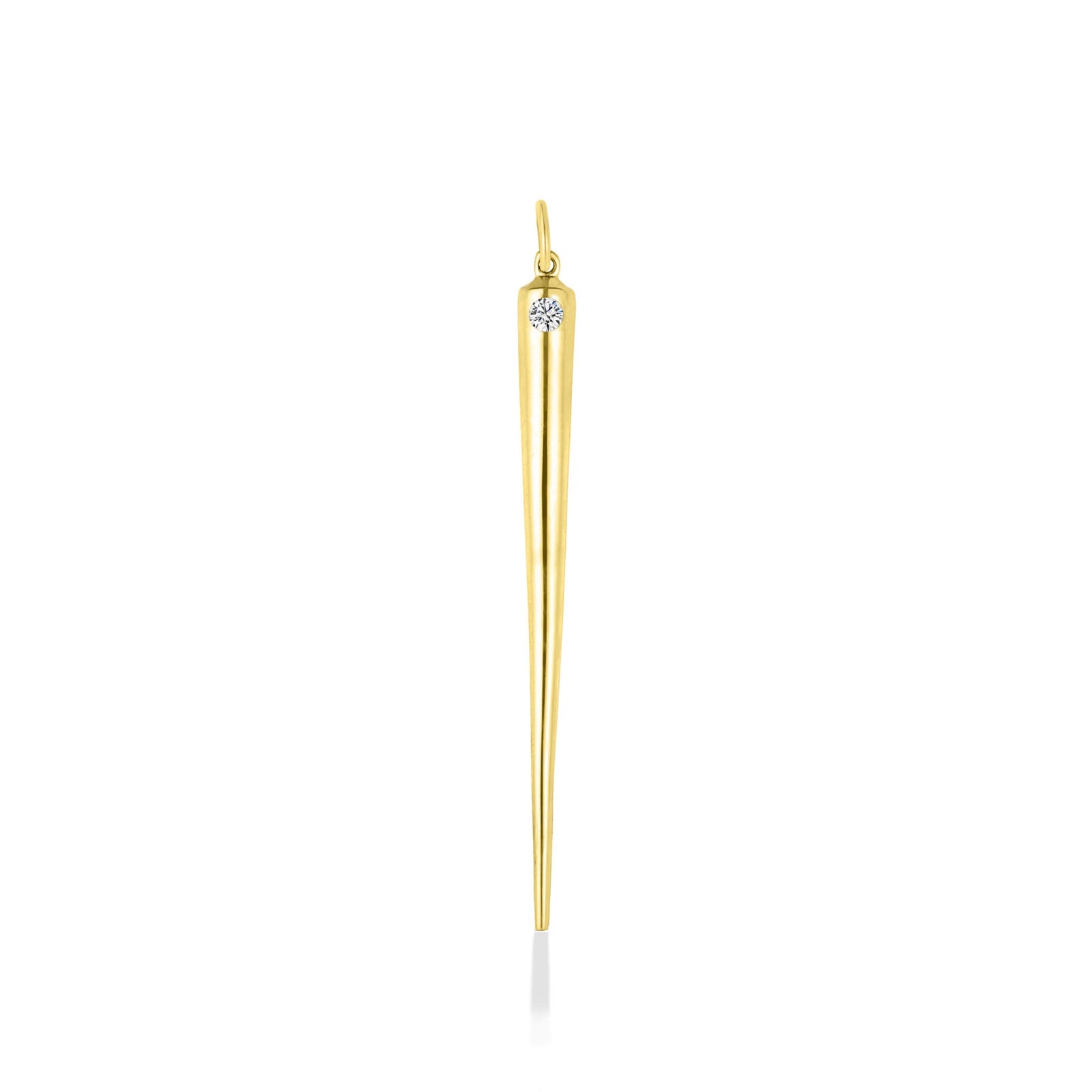 A quill spike charm cast in recycled yellow gold with a bezel set white lab grown diamond, on a white background. 