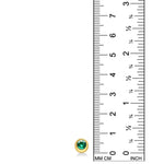A round molten solitaire earring in 14K yellow gold with a bezel set emerald, set against a ruler for scale on a white background.