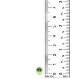 A round molten solitaire earring in 14K yellow gold with a bezel set emerald, set against a ruler for scale on a white background.