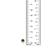 A round molten solitaire earring in 14K yellow gold with a bezel set sapphire, set against a ruler for scale on a white background.