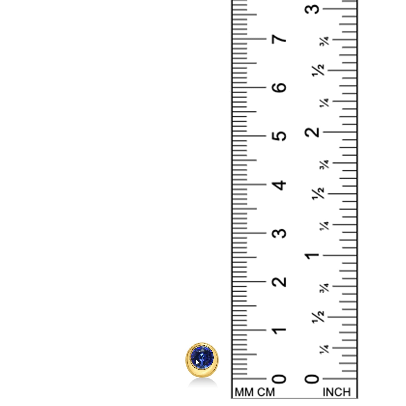 A round molten solitaire earring in 14K yellow gold with a bezel set sapphire, set against a ruler for scale on a white background.