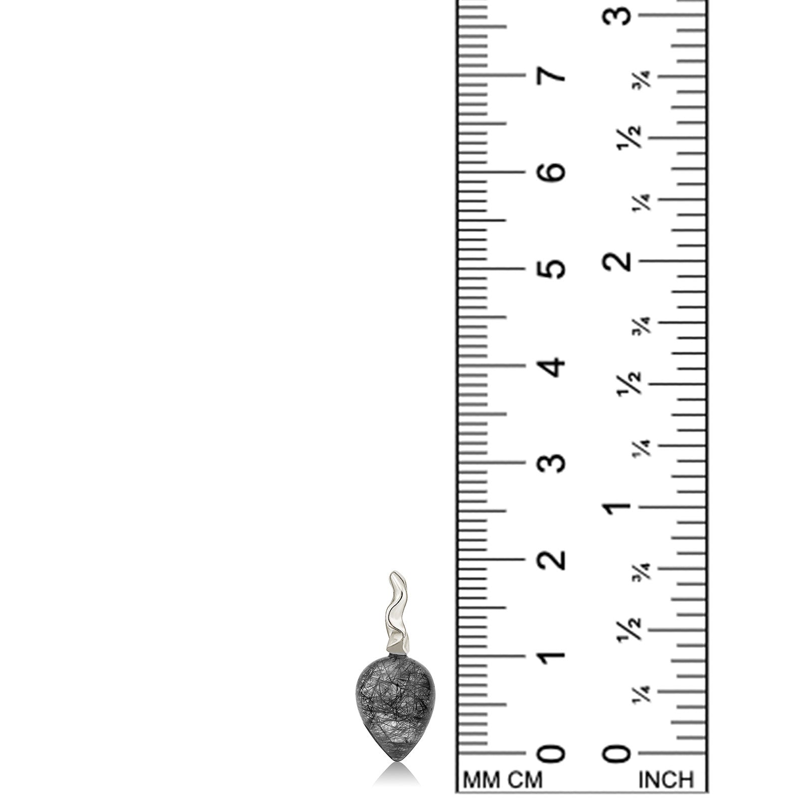AMANDA PEARL Rutilated Quartz Drop Charm with recycled sterling silver ripple bale on a white background next to a ruler.