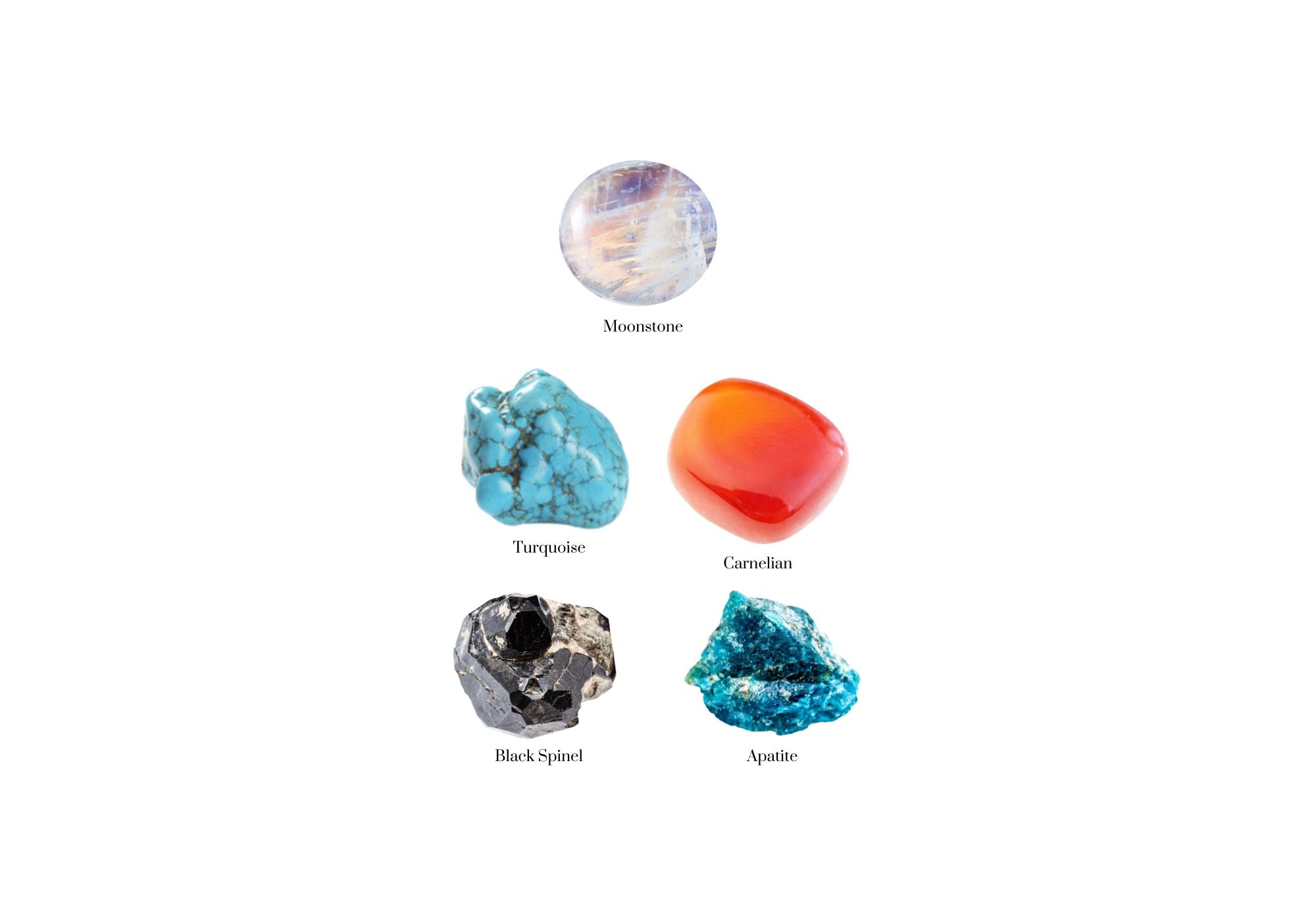 Moonstone, turquoise, carnelian, black spinel, and apatite mineral specimens on a white background. AMANDA PEARL slim gemstone necklace.