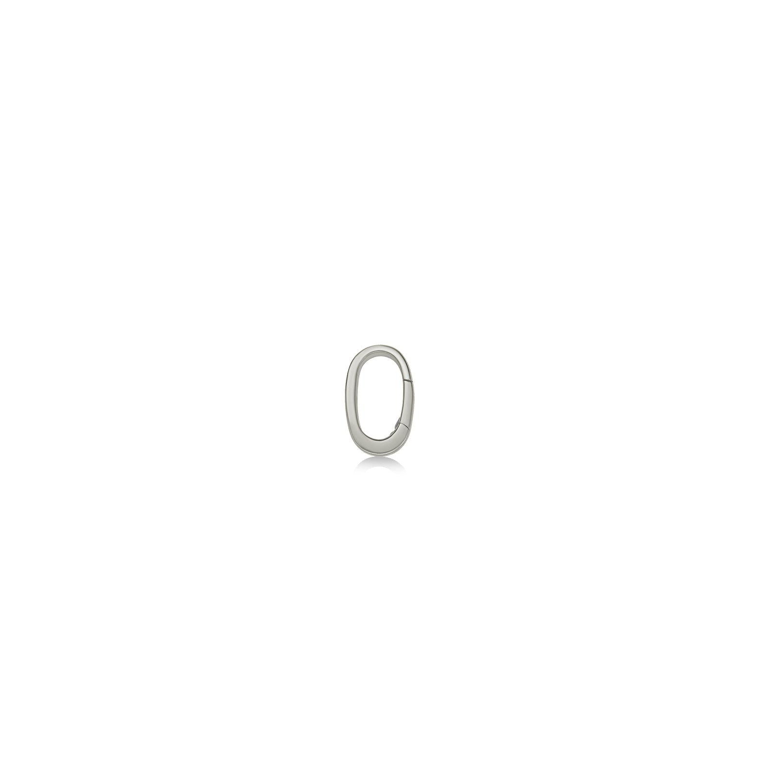 AMANDA PEARL Small oval charm lock in white gold on a white background.