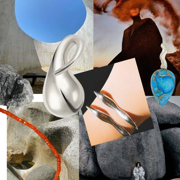 An abstract collage of shapes, images, and pieces from the AMANDA PEARL sterling silver collection.