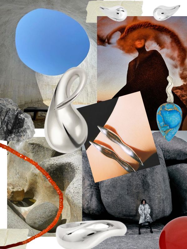 An abstract collage of shapes, images, and pieces from the AMANDA PEARL sterling silver collection.