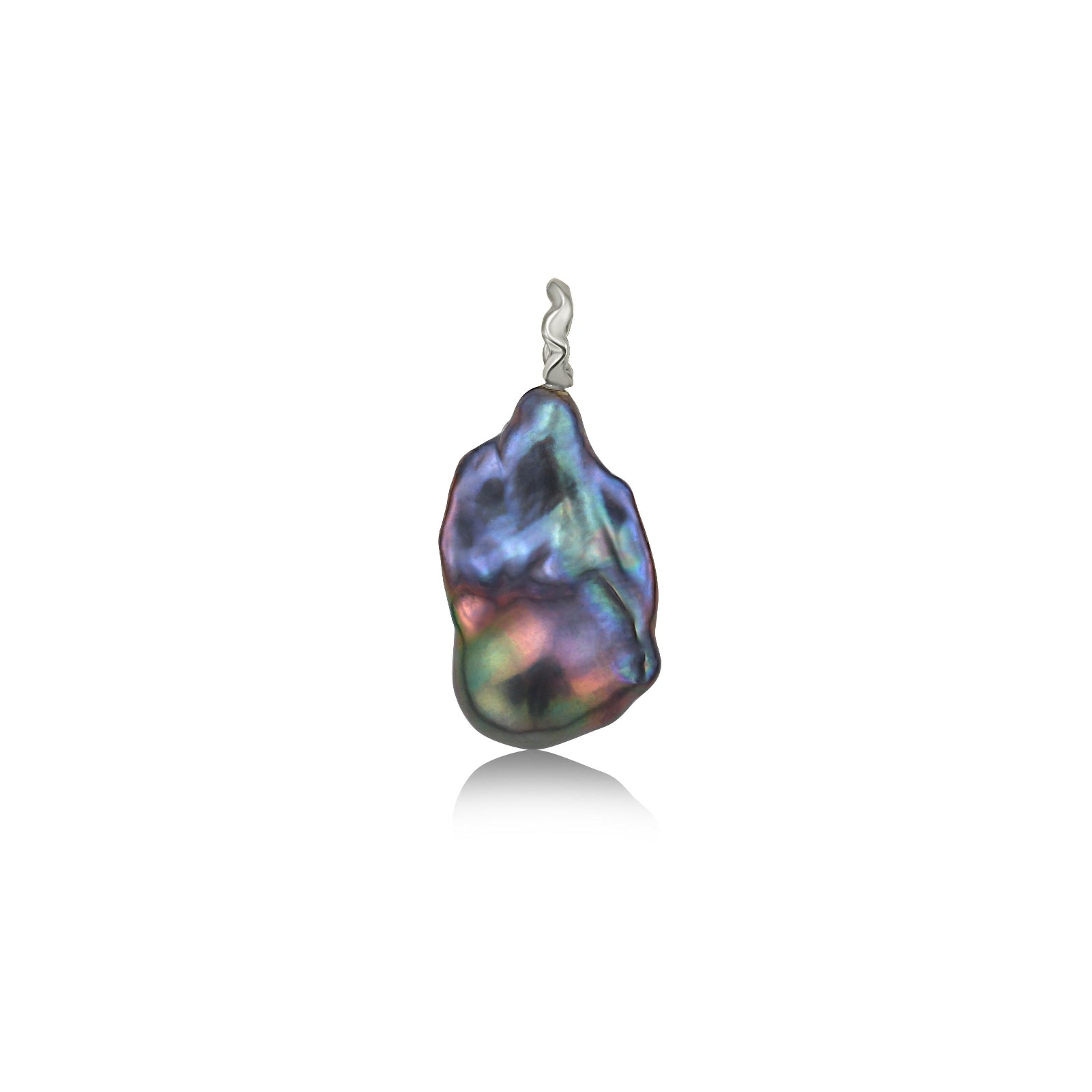 AMANDA PEARL Storm blue/purple/peacock baroque pearl with a white gold ripple bale on a white background.