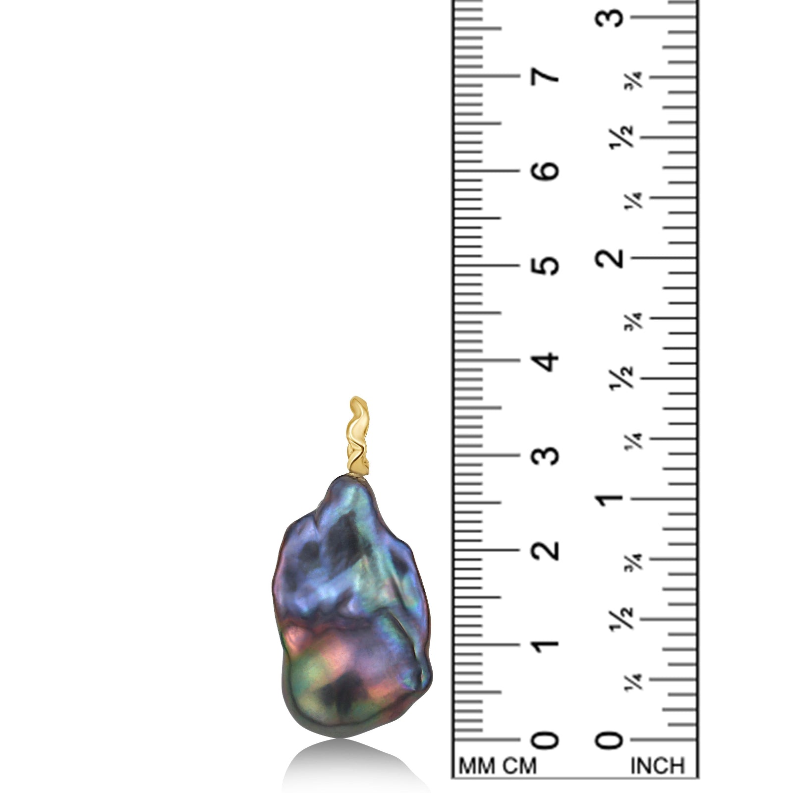 AMANDA PEARL Storm blue/purple/peacock baroque pearl with a white gold ripple bale on a white background next to a ruler.