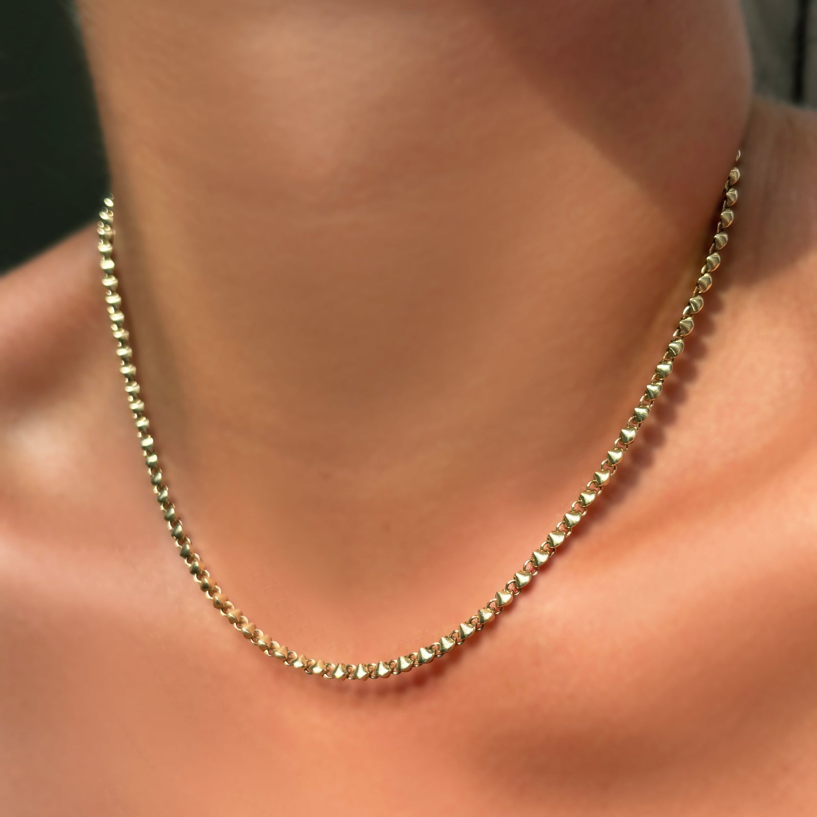 Tibet chain in 14k yellow gold on a model's neck.