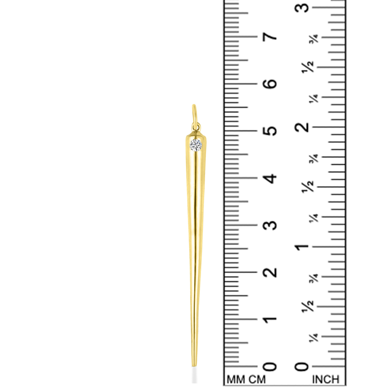 A gold quill Spike charm with white diamond stands alongside a ruler, showing its height is 52mm.