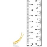 A curved quill diamond earring shown to be 2mm in height is displayed against a ruler. It is cast in 14k yellow gold with a black diamond.