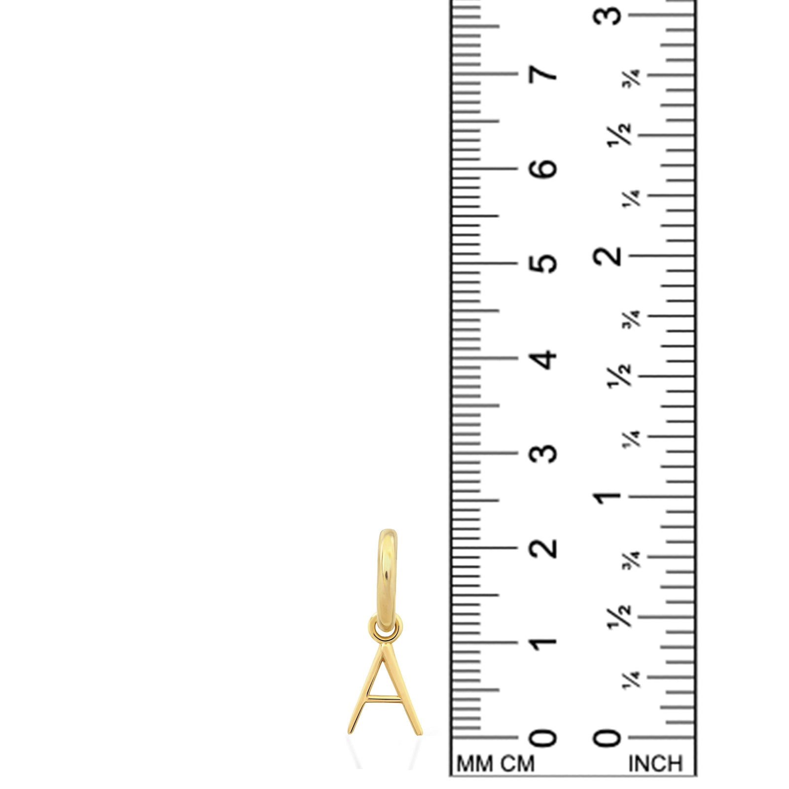 A 14k gold letter "A" huggie earring is positioned next to a ruler, demonstrating that its height is 2.2cm. It is meant to hang from your earlobe via a small hoop, but here it is pictured in front of a simple white background.