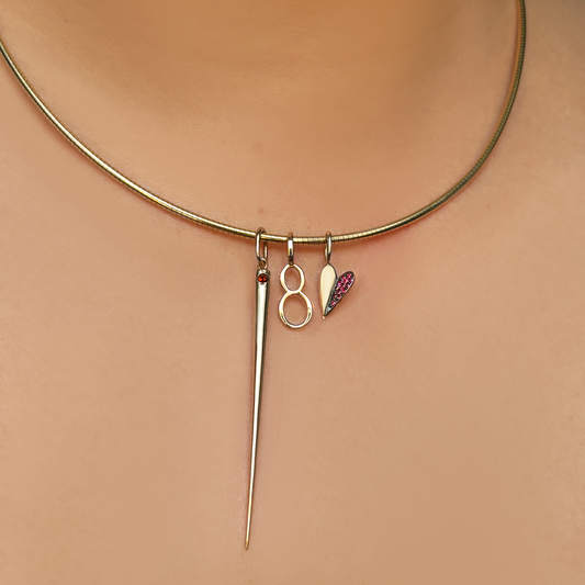 Adjustable Omega Choker with Small Ruby Quill Spike Charm, Number 8 Charm and Half Pavé Folded Heart Charm with Ruby