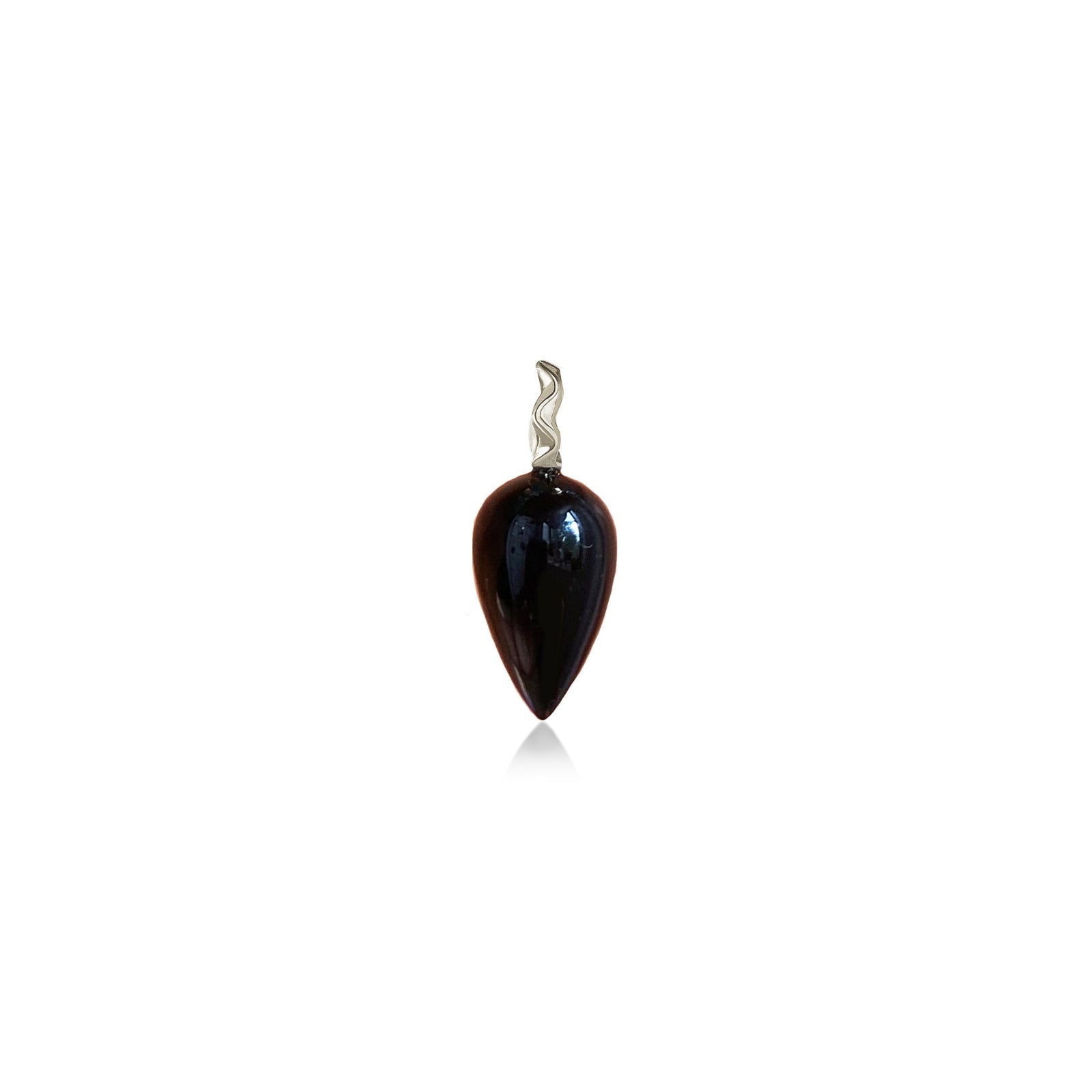 Black agate drop charm with a white gold ripple bale on a white background. 