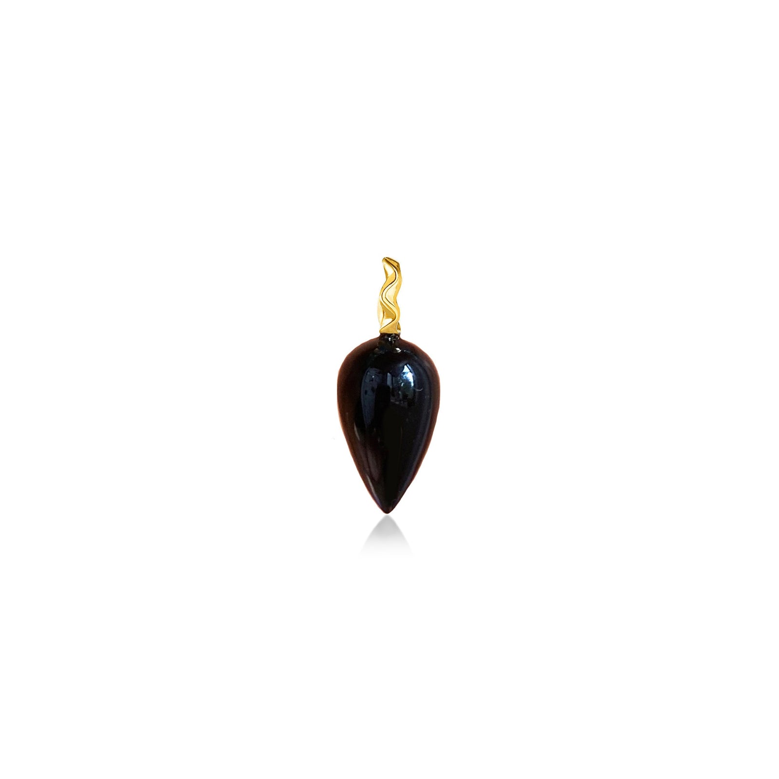 Black agate drop charm on yellow gold ripple bale on a white background.