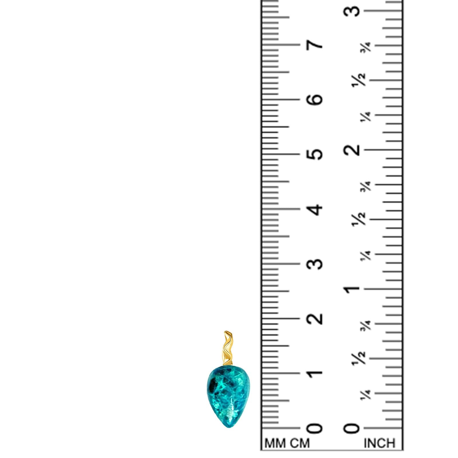 Chrysocolla acorn drop charm with flicks of teal, gold and blue with 14k gold ripple bale next to a ruler, showing a height of 18mm