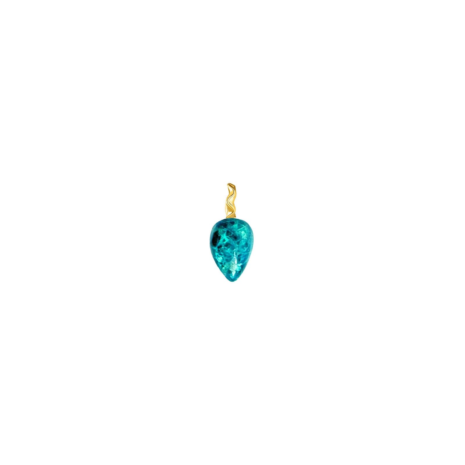 Chrysocolla acorn drop charm with flicks of teal, gold and blue with 14k gold ripple bale