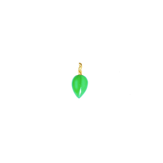 Chrysoprase acorn drop charm with green tones with 14k gold ripple bale on a white background