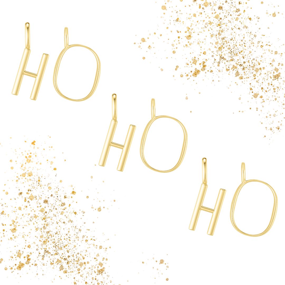 Gold 'HO HO HO' letter pendants with gold confetti on a white background