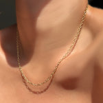 Irregular Cable Chain on a model's neck.