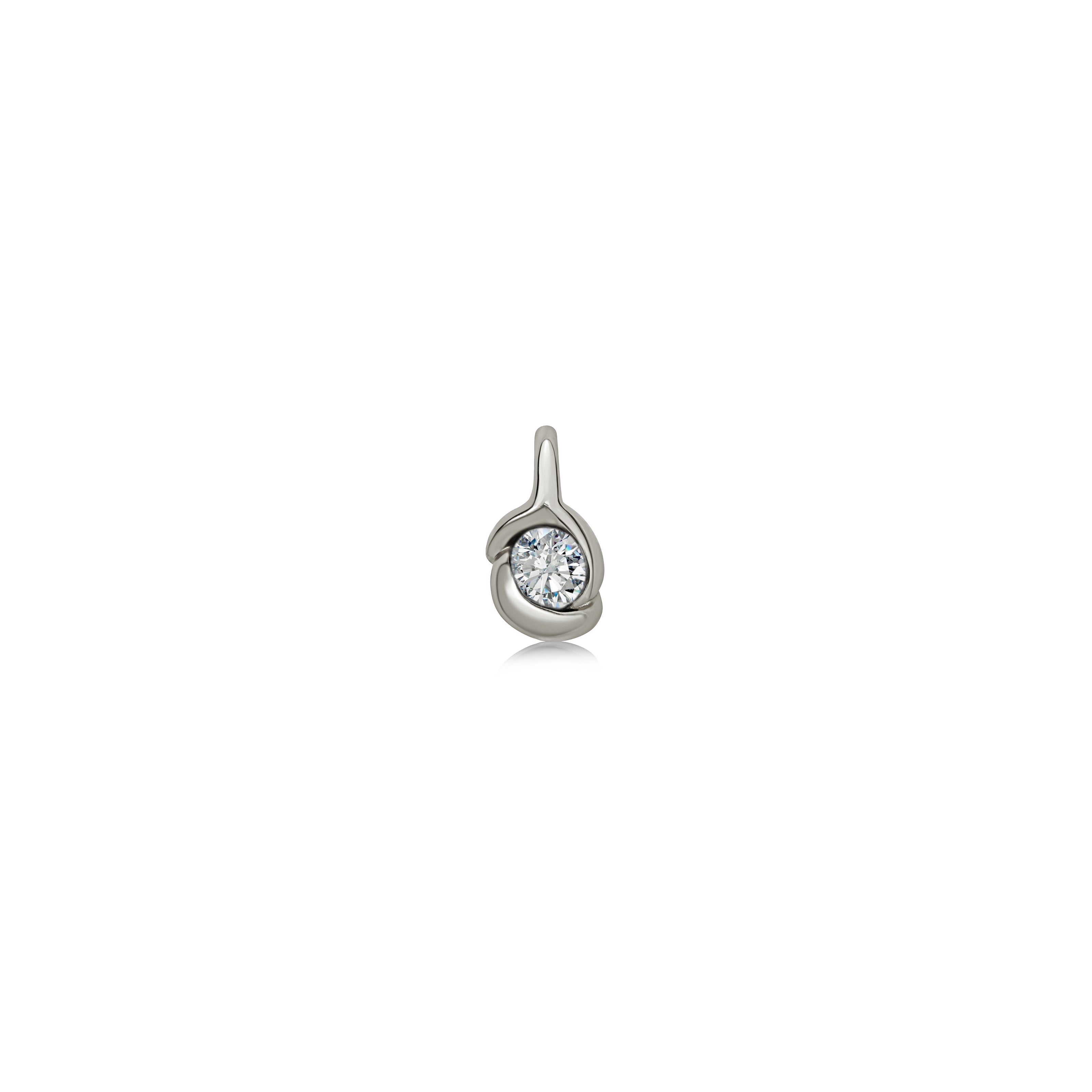 The AMANDA PEARL Molten knot charm in 14K recycled white gold and set with an ethical lab grown diamond. It sits on a neutral white background.