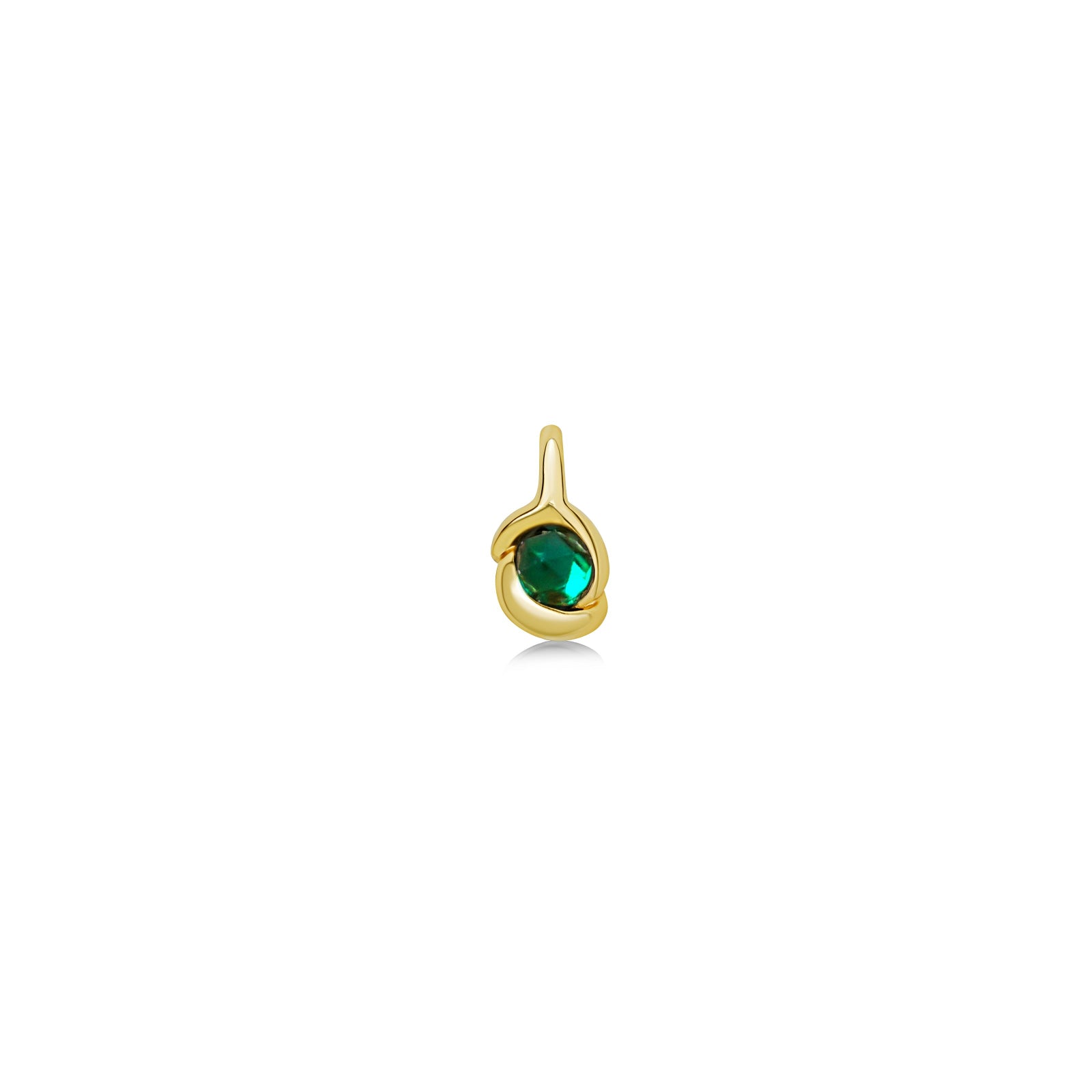 molten solitaire knot charm with a rose cut emerald in yellow gold on a white background.