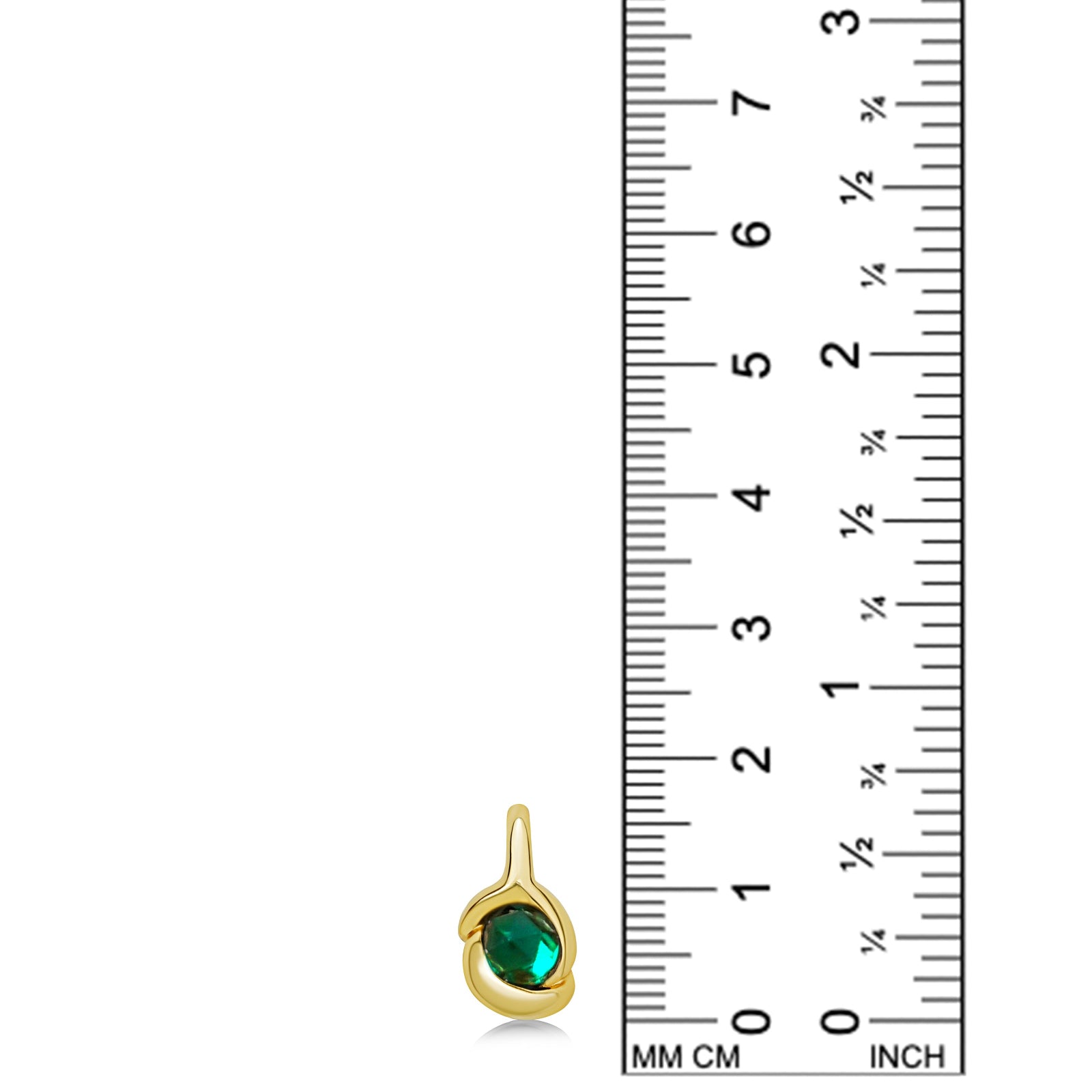 molten solitaire knot charm with a rose cut emerald in yellow gold on a white background next to a ruler.