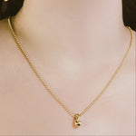 A close-up portrait of a woman wearing a delicate gold chain necklace with a small pendant and matching drop earrings against a dark background.