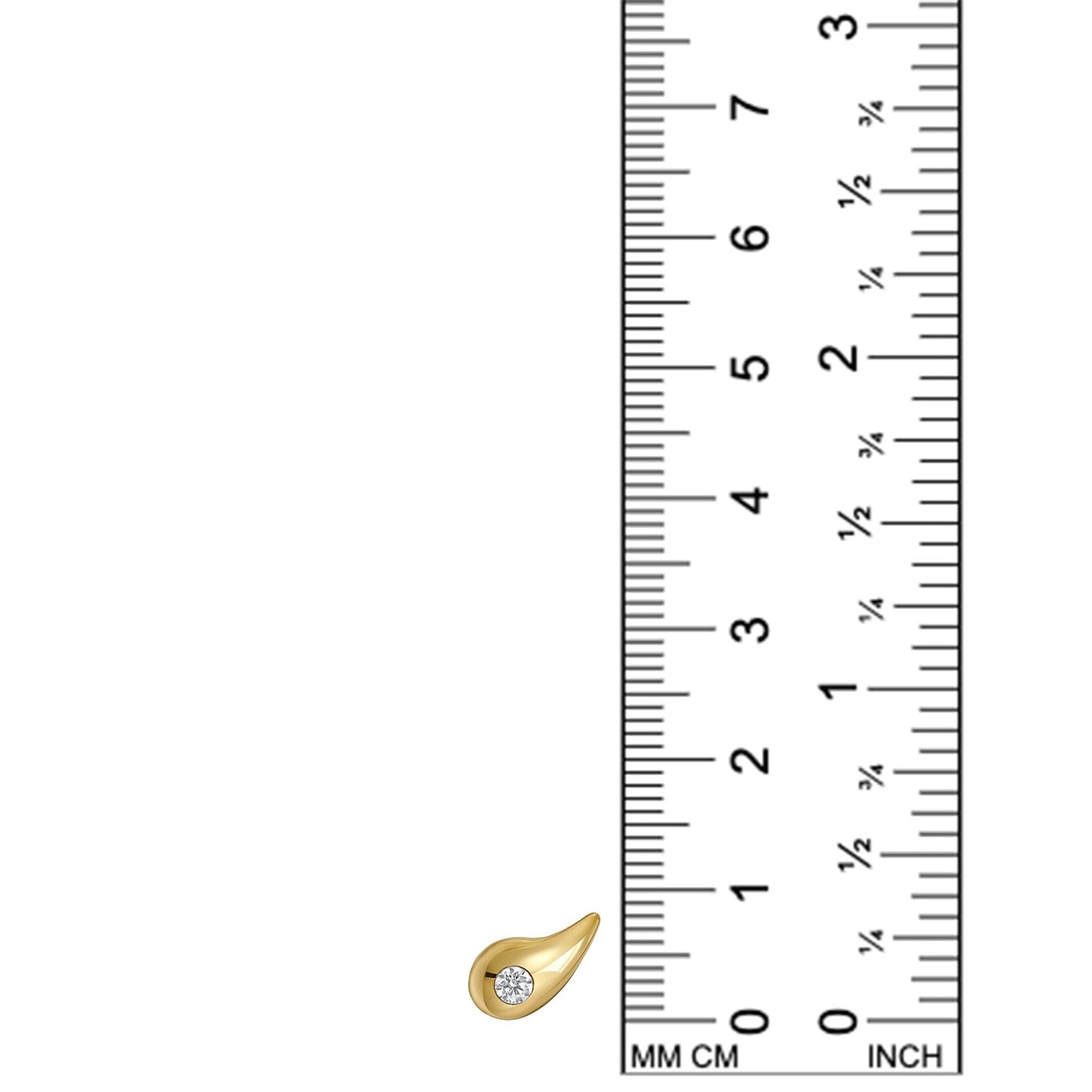 Yellow Gold Tear Drop Shaped earring with diamond accent next to a ruler. The earring reads 8 millimeters tall