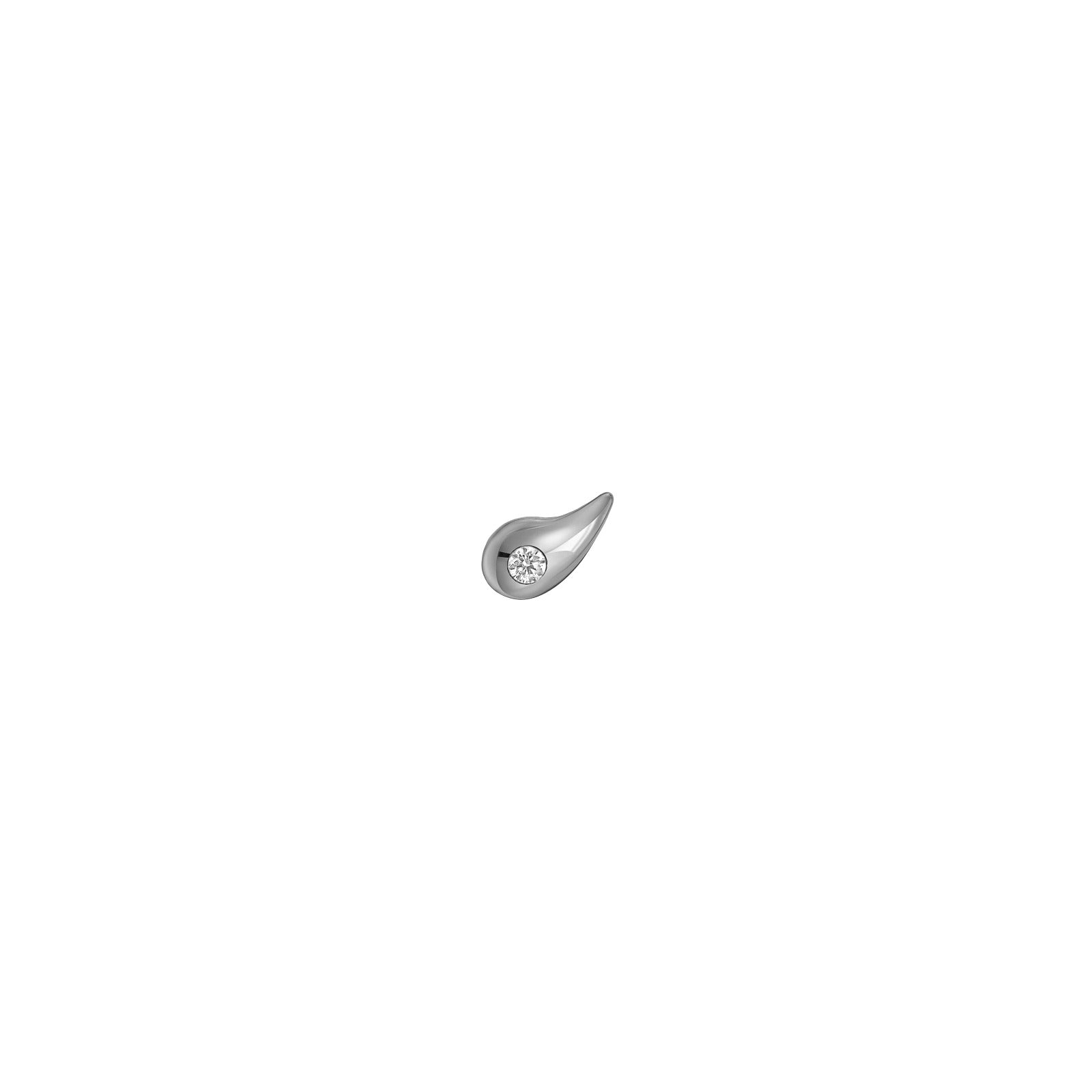 A small white gold teardrop-shaped earring with a diamond accent on white background.