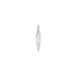 Moonstone Drop charm on white gold ripple bale on white background.