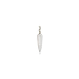 Moonstone Drop charm on white gold ripple bale on white background.