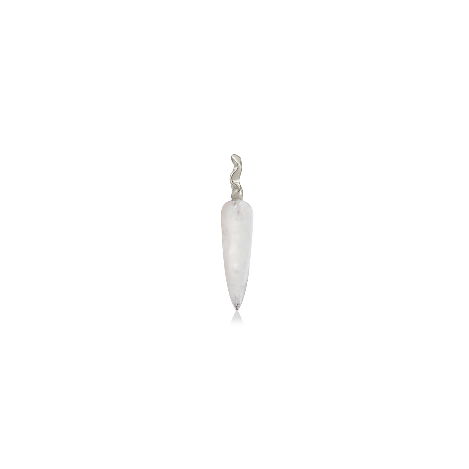Moonstone Drop charm on white gold ripple bale on white background.