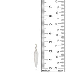Moonstone Drop charm on white gold ripple bale on white background next to ruler.