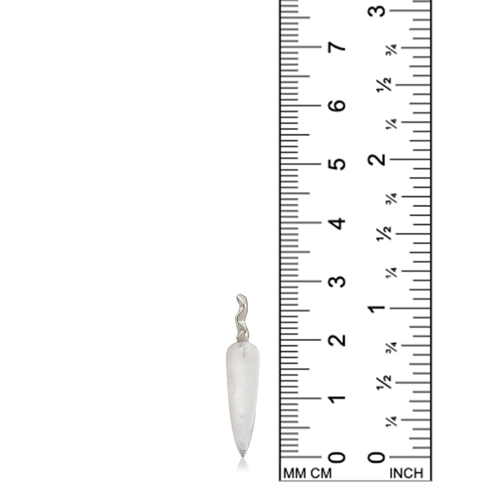Moonstone Drop charm on white gold ripple bale on white background next to ruler.