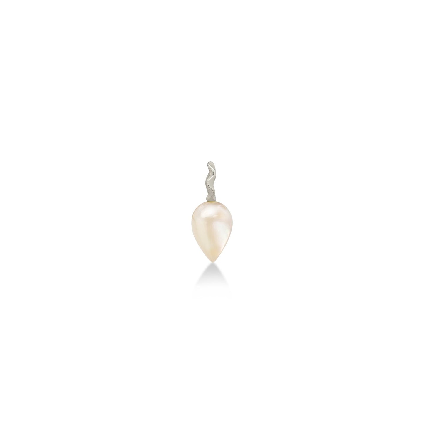 Mother Of Pearl Acorn Drop Charm with 14K recycled white gold bale with ripple detail on white background