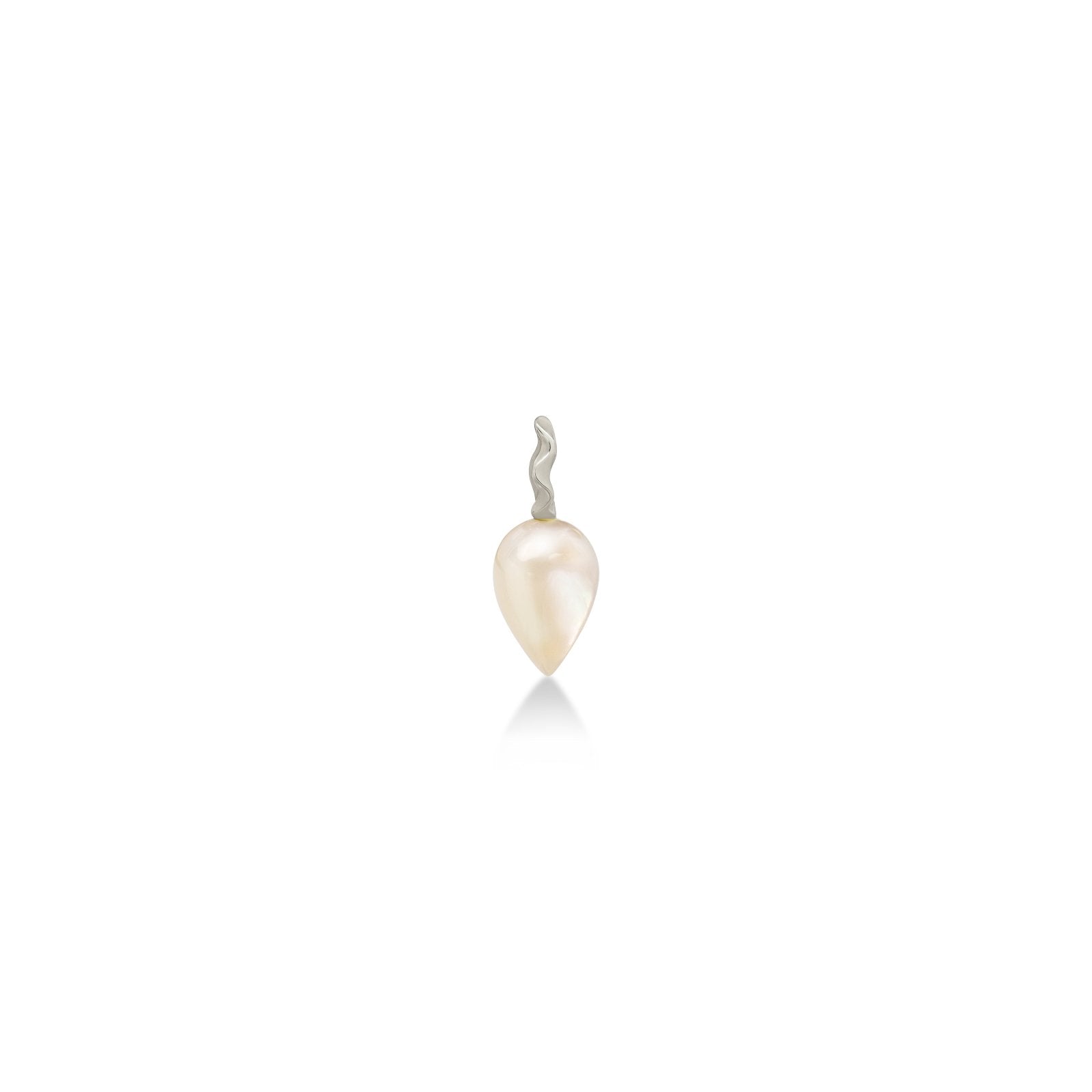 Mother Of Pearl Acorn Drop Charm with 14K recycled white gold bale with ripple detail on white background