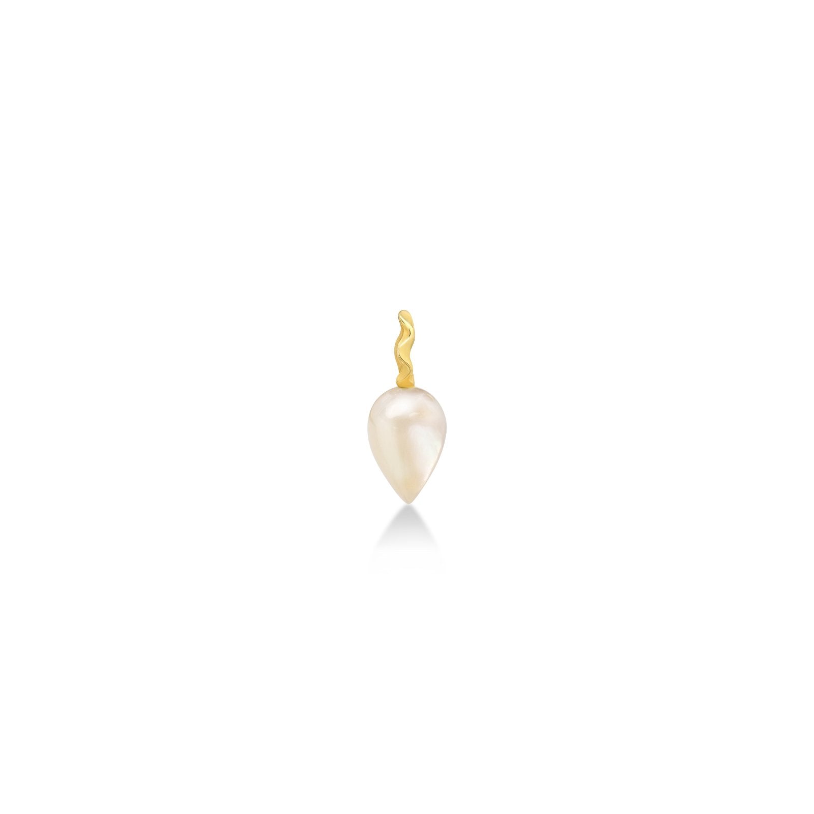 Mother Of Pearl Acorn Drop Charm with 14K recycled gold bale with ripple detail on white background