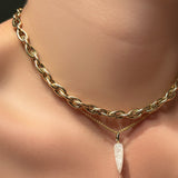14k gold drop link chain necklace layered over a wheat chain with moonstone drop charm.