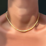 Pink Champagne Opal Necklace on a model's neck