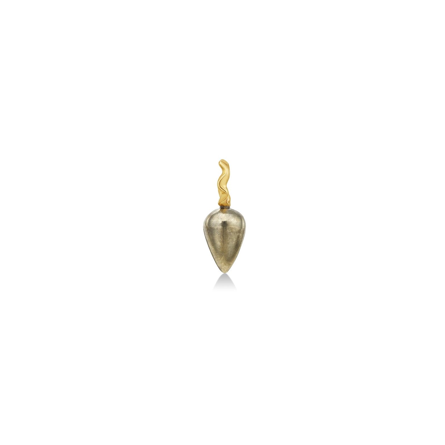 Pyrite Acorn Drop Charm with 14K recycled gold bale with ripple detail on white background