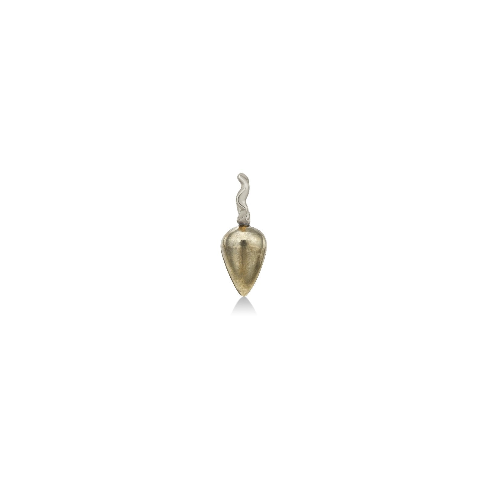 Pyrite Acorn Drop Charm with 14K recycled white gold bale with ripple detail on white background