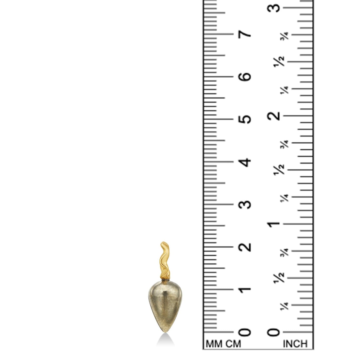 Pyrite Acorn Drop Charm with 14K recycled gold bale with ripple detail on white background with ruler, measuring 21mm tall