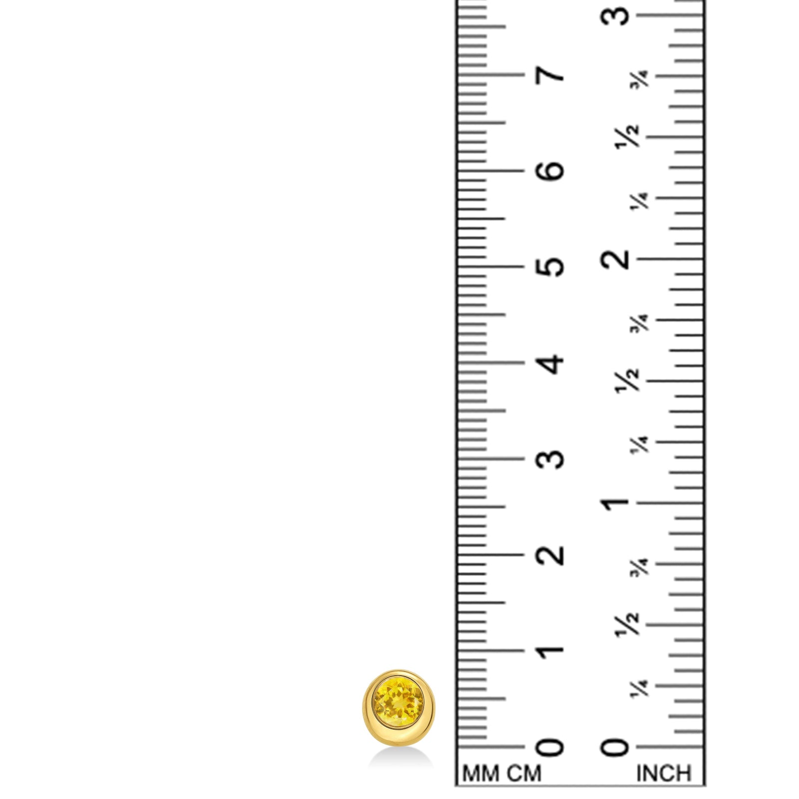 Molten solitaire stud with citrine against a white background with ruler.