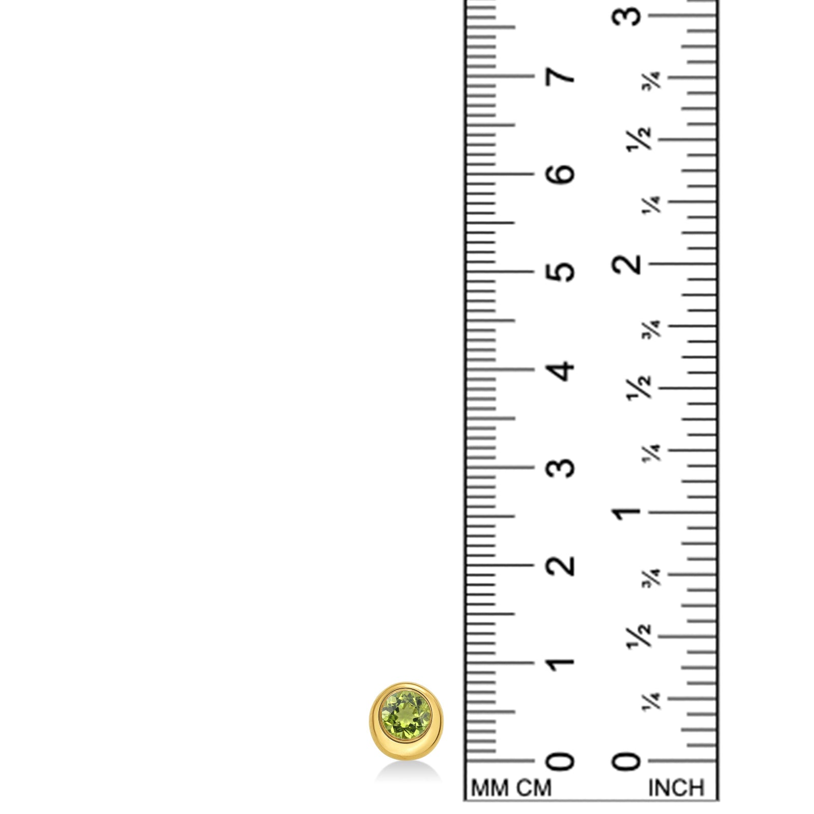 Molten solitaire stud with peridot against a white background next to a ruler.