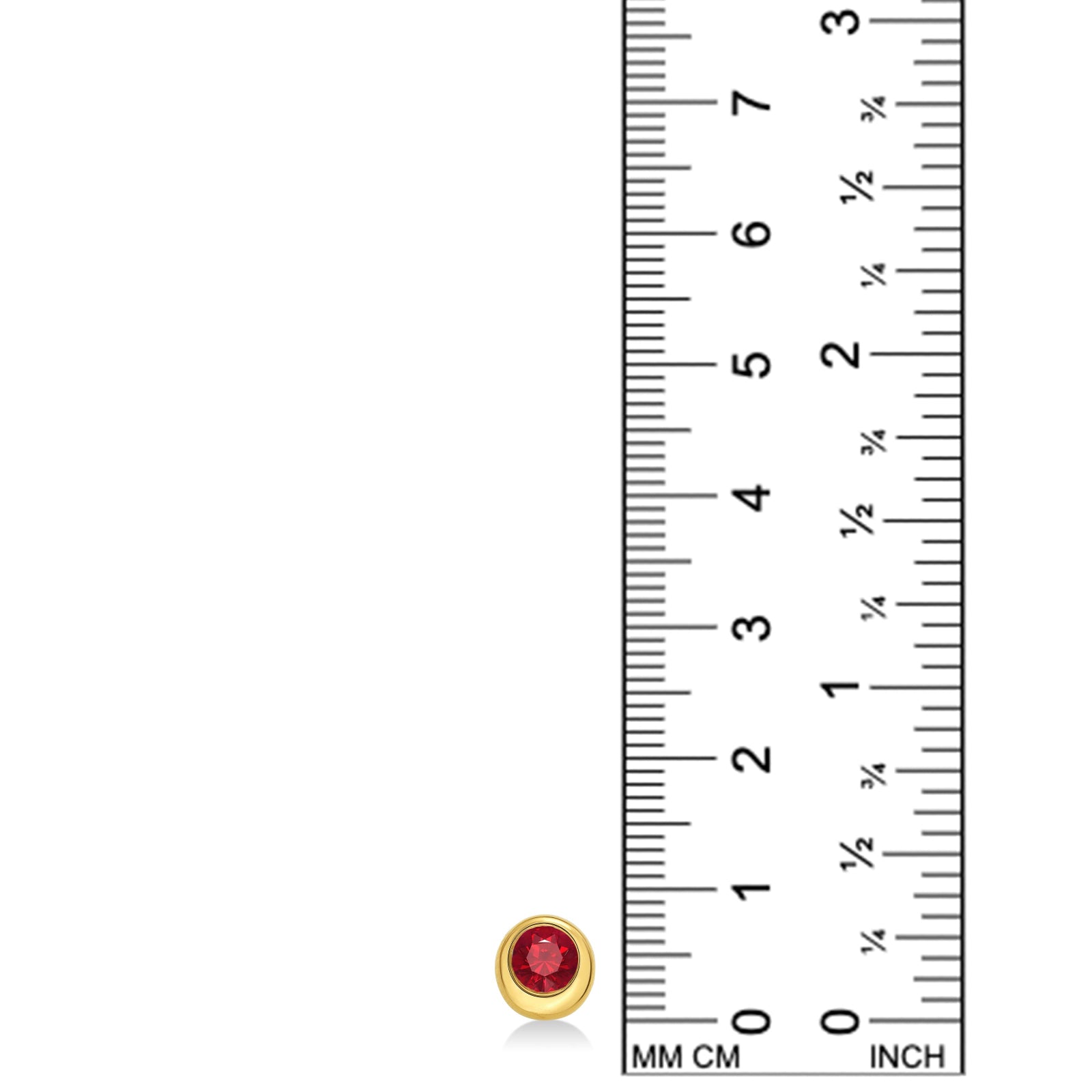Molten solitaire stud with ruby against a white background next to a ruler.