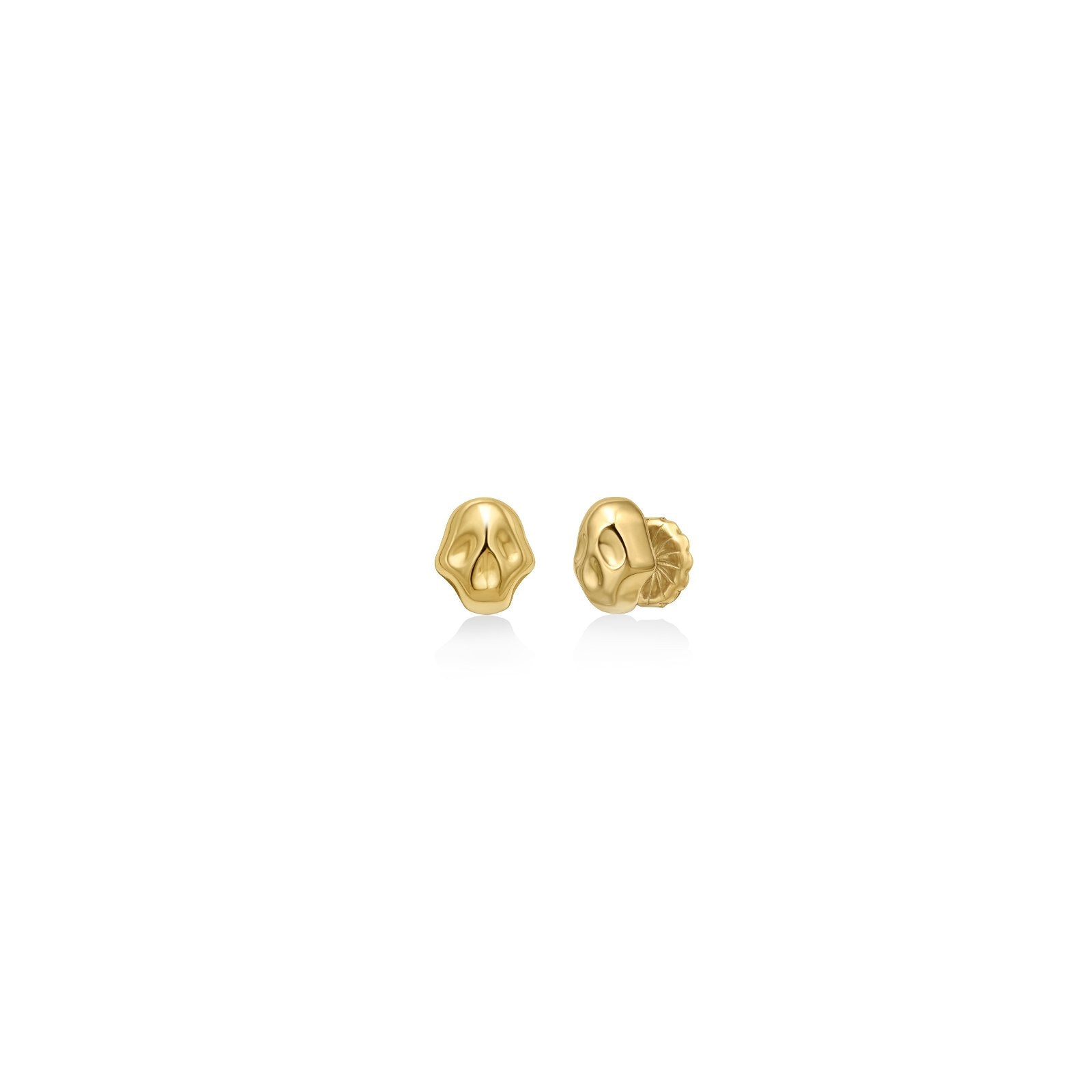 14k recycled gold skull studs on a white background