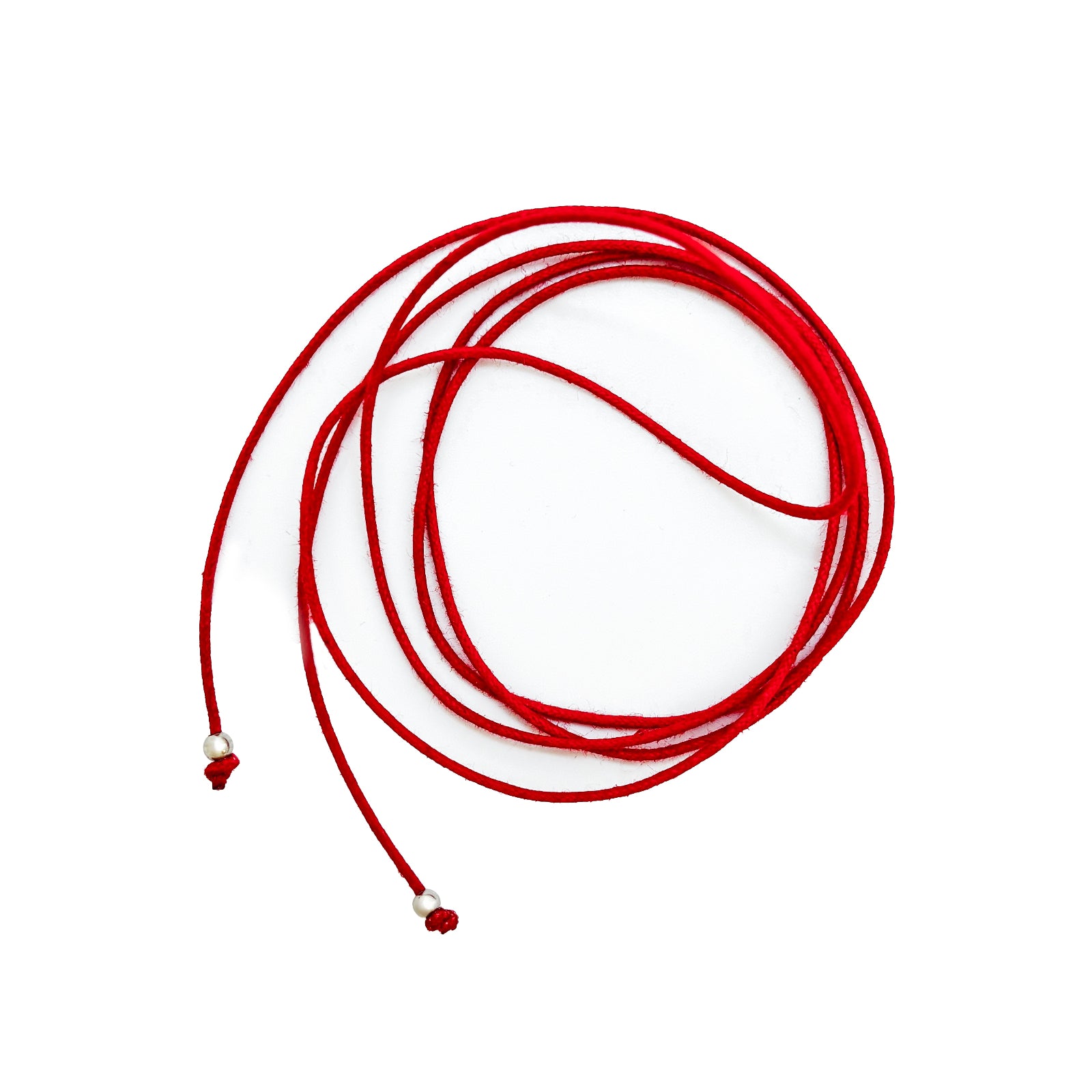 AMANDA PEARL red cord necklace with a small silver bead on each end on a white background