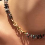 triple link charm lock on rutilated quartz collar with neon red thread.