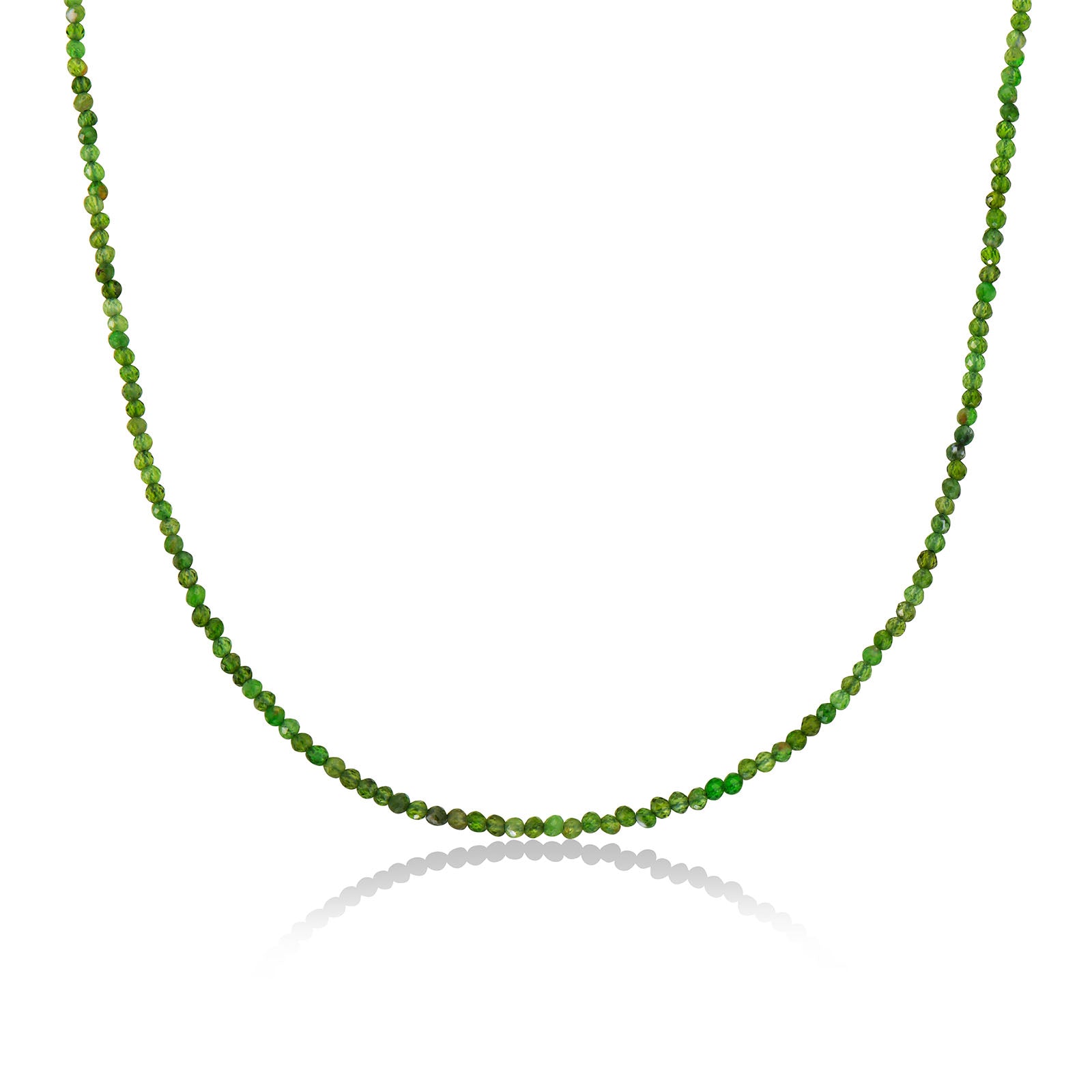 Shimmering slim gemstone beaded necklace made of 2mm faceted stones in Green Diopside on a gold linking lobster clasp. 